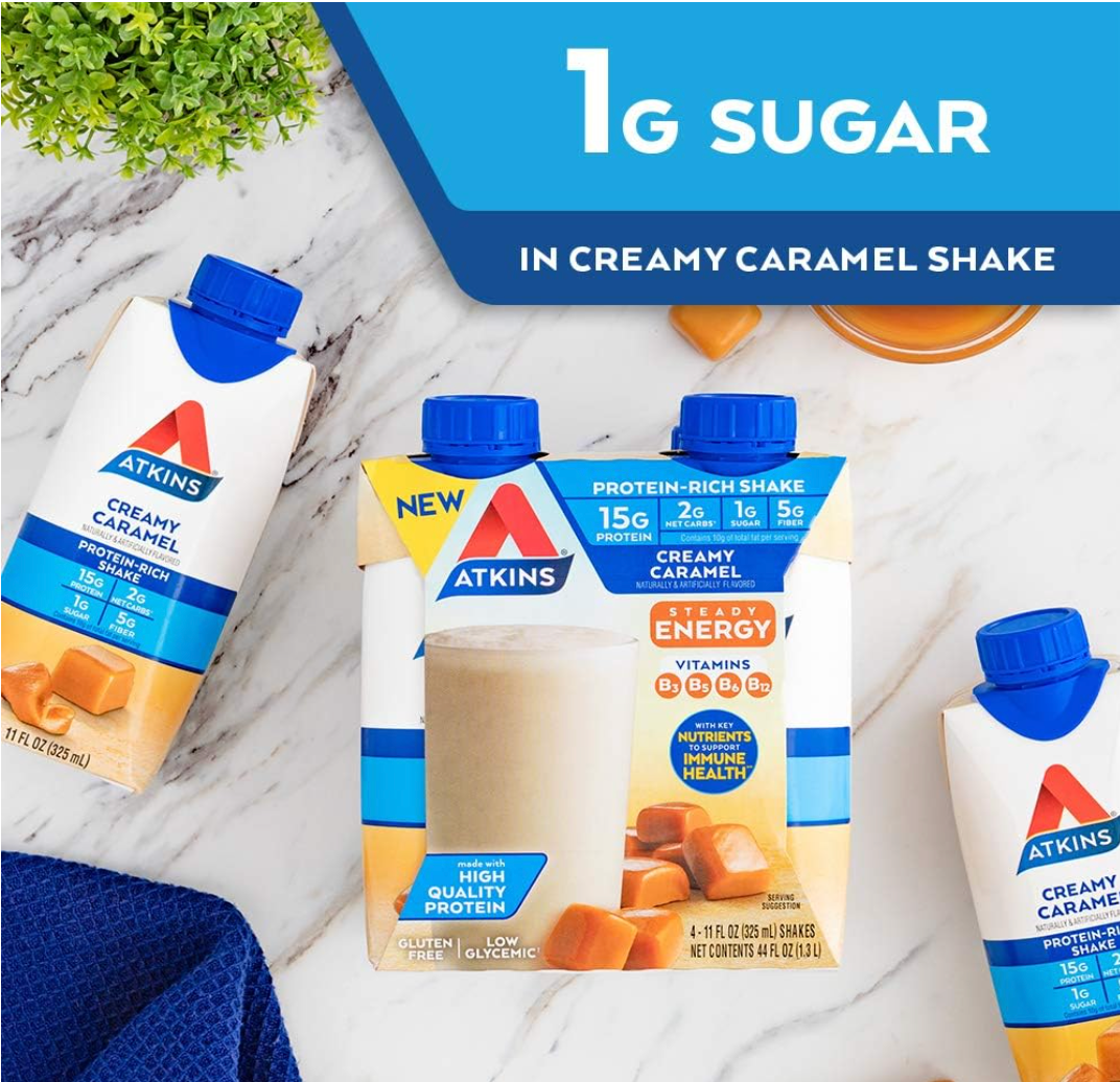 Atkins Energy Shake Creamy Caramel, with B Vitamins and Protein. Keto-Friendly and Gluten Free 4 Count(Pack of 3)