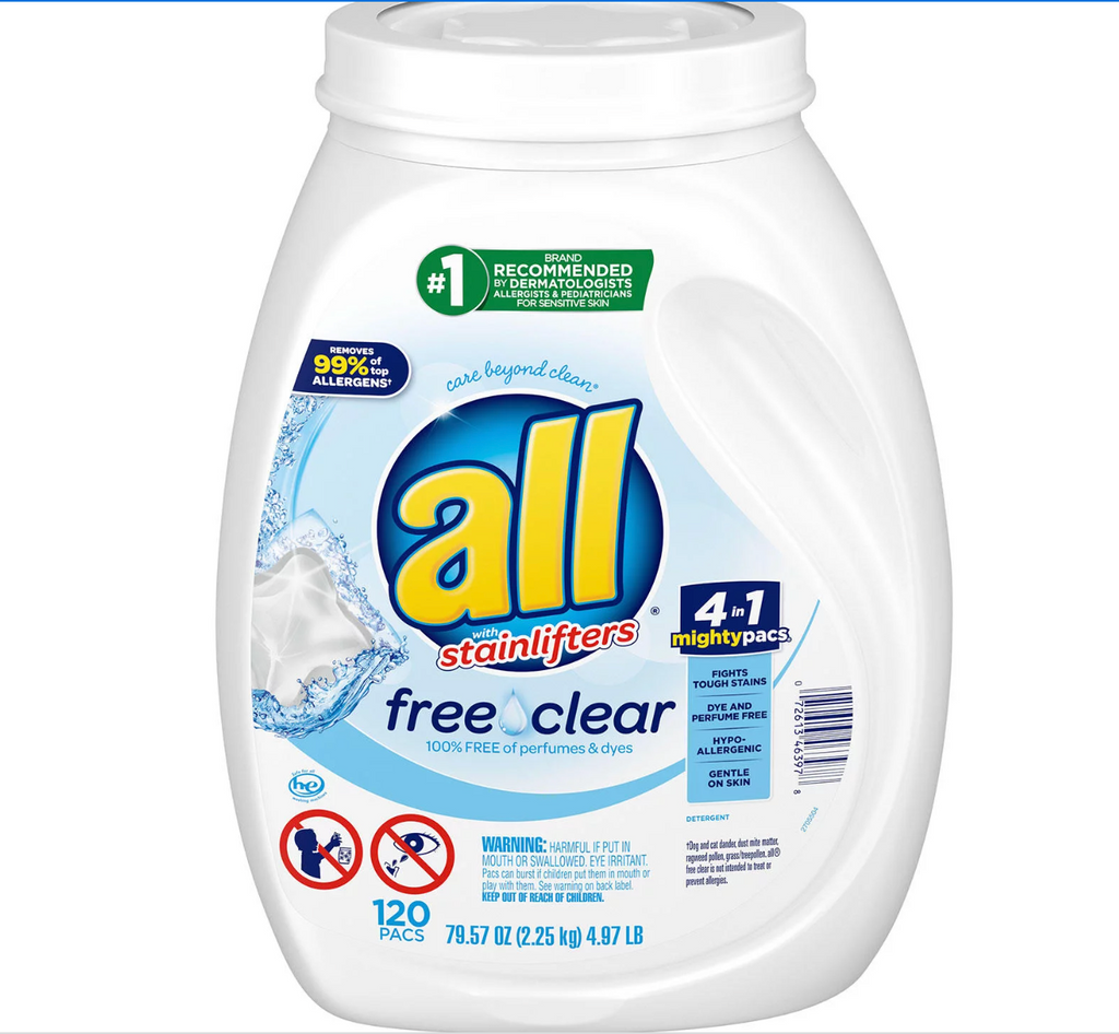 all Mighty Pacs Laundry Detergent, Free Clear for Sensitive Skin (120 ct.)