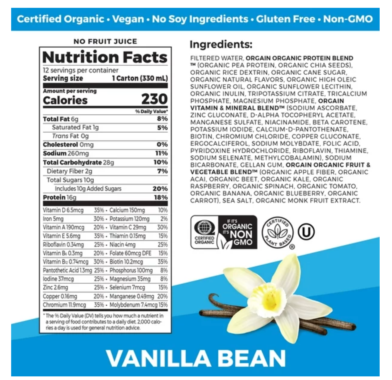 Orgain Organic Nutrition Vegan Protein Shake, Plant Based, Vanilla Bean 11oz, 12ct