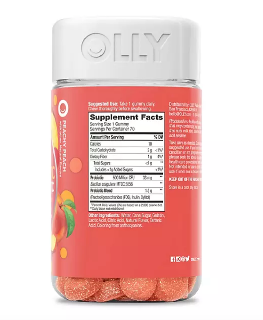 OLLY Adult Probiotic + Prebiotic Digestive Support Gummy, Peach (70 ct.)