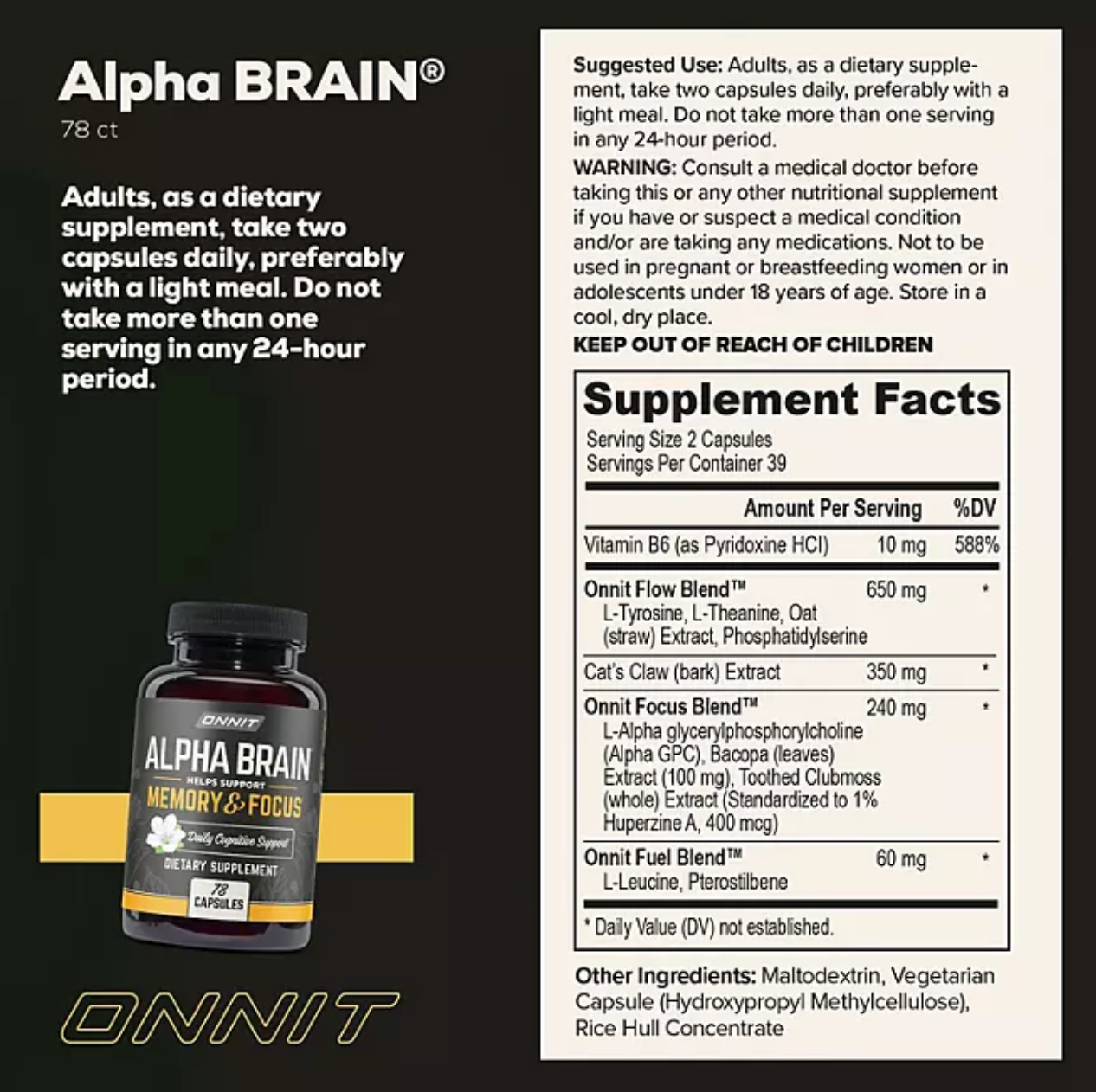 ONNIT Alpha BRAIN Premium Nootropic Brain Health Supplement, Memory and Focus Support Capsules (78 ct.)