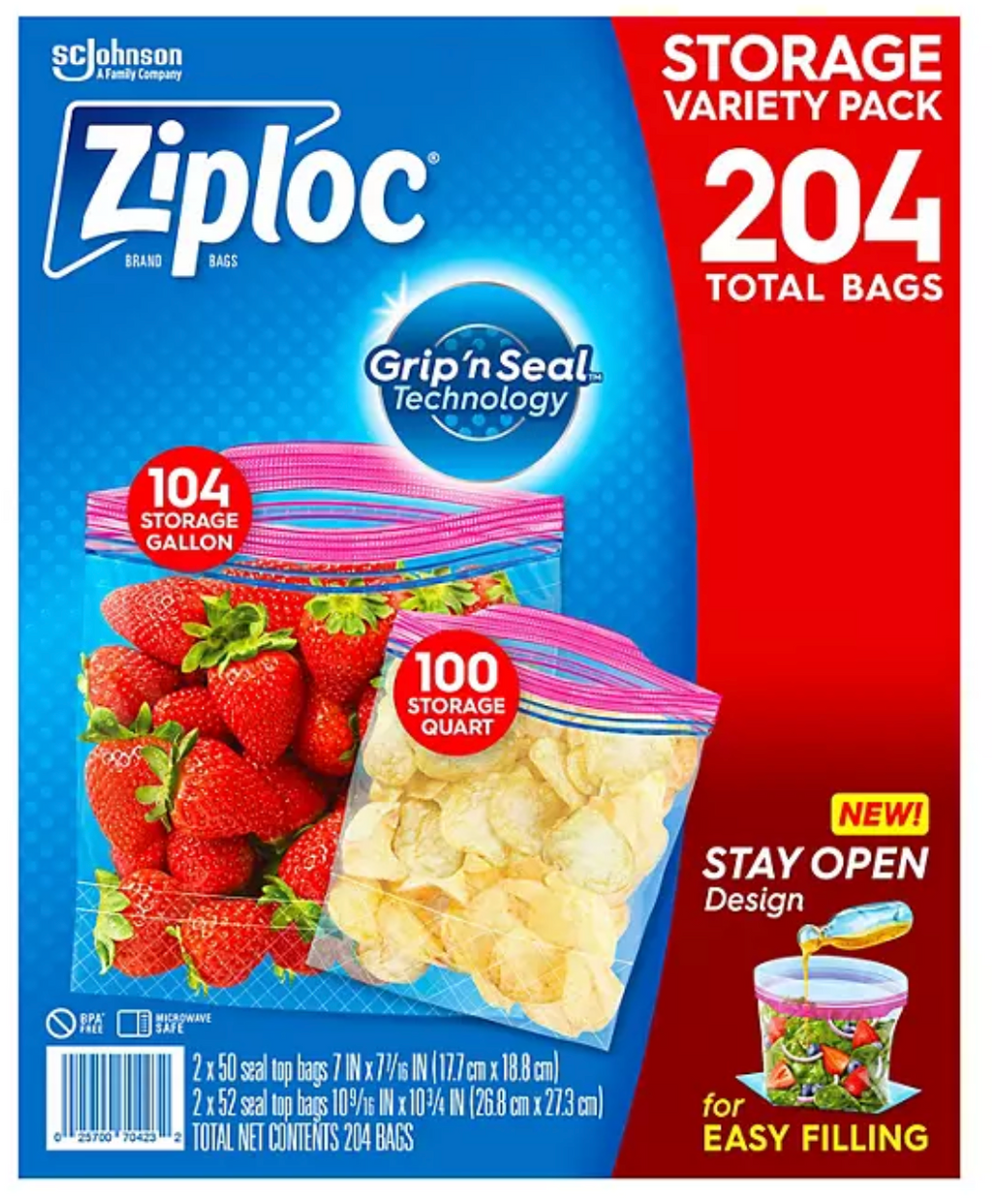 Ziploc Gallon & Storage Quart Bags with New Stay Open Design, 204 ct.