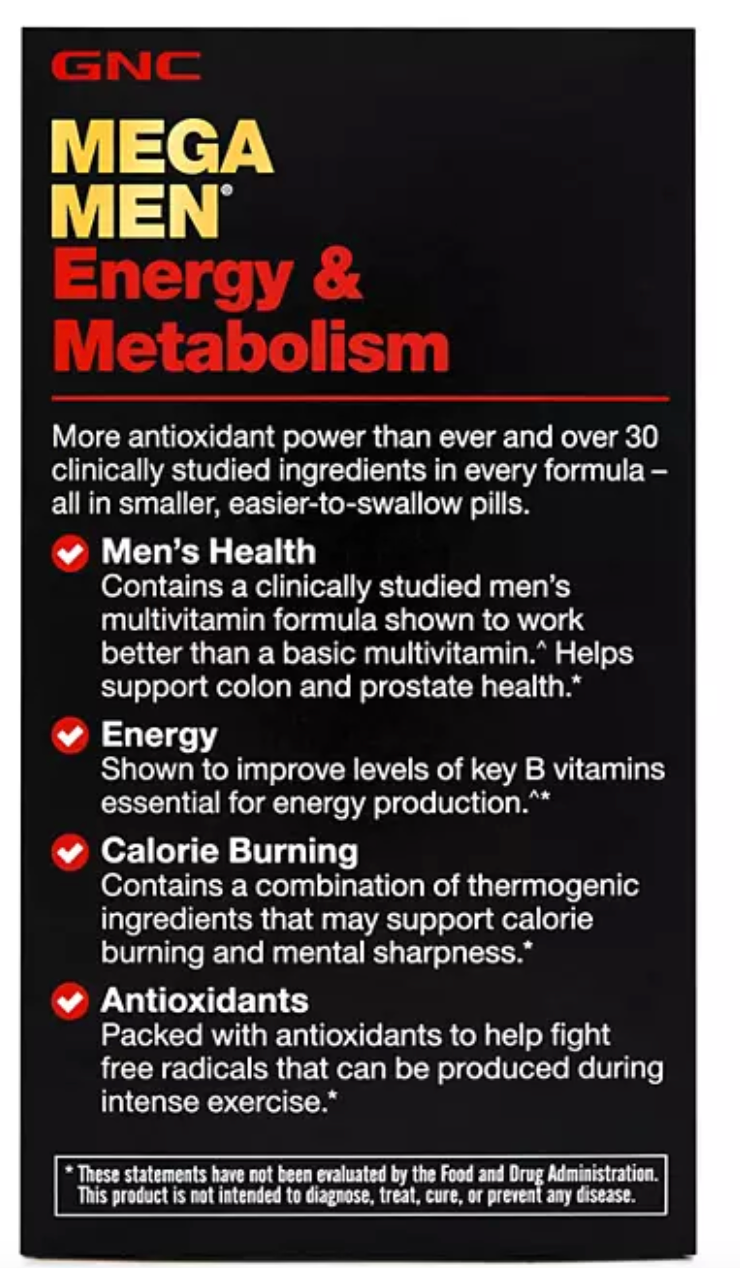 GNC Mega Men Energy & Metabolism Multivitamin Caplets 180 ct.