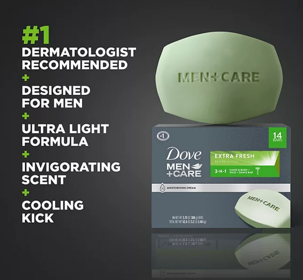 Dove Men+Care Body and Face Bar Soap, Extra Fresh, 3.75 oz., 14 ct.