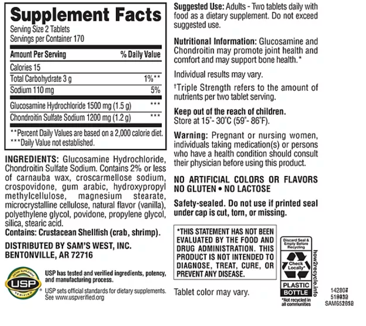 Triple Strength Glucosamine Chondroitin Tablets, 340 ct.