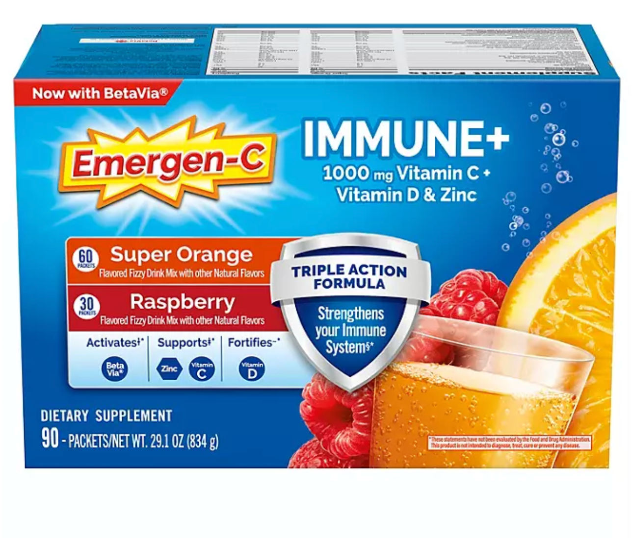 Emergen-C Dietary Supplement Drink Mix with Immune+ Triple Action Super Orange & Raspberry, 90 ct.