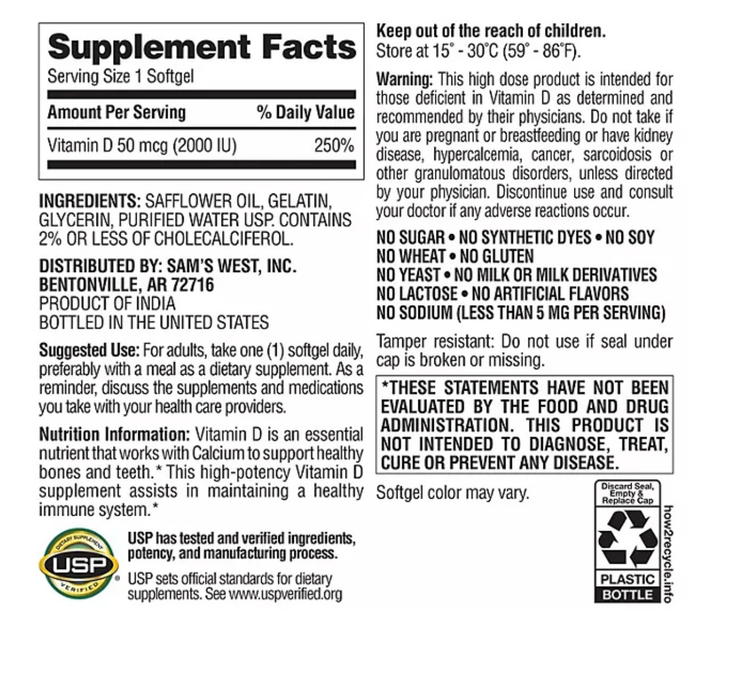 Vitamin D3, 50 mcg, 400 ct.