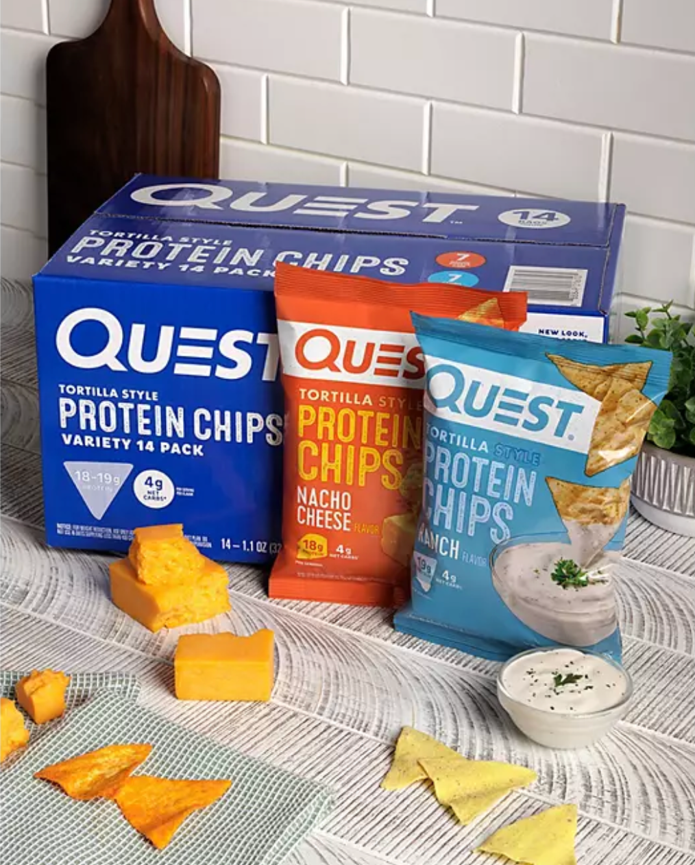 Quest Tortilla Style 18-19g Protein Chip Variety Pack, Nacho Cheese & Ranch, 14 ct.